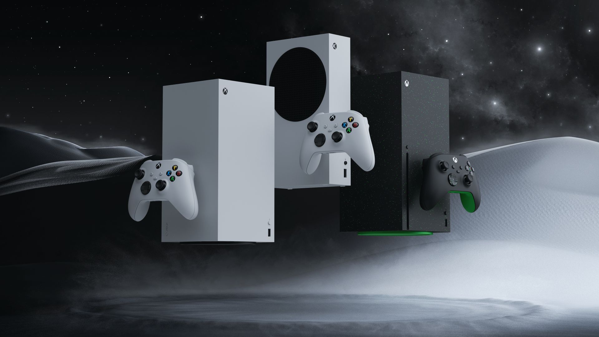 Three Xbox consoles floating over a space like background 