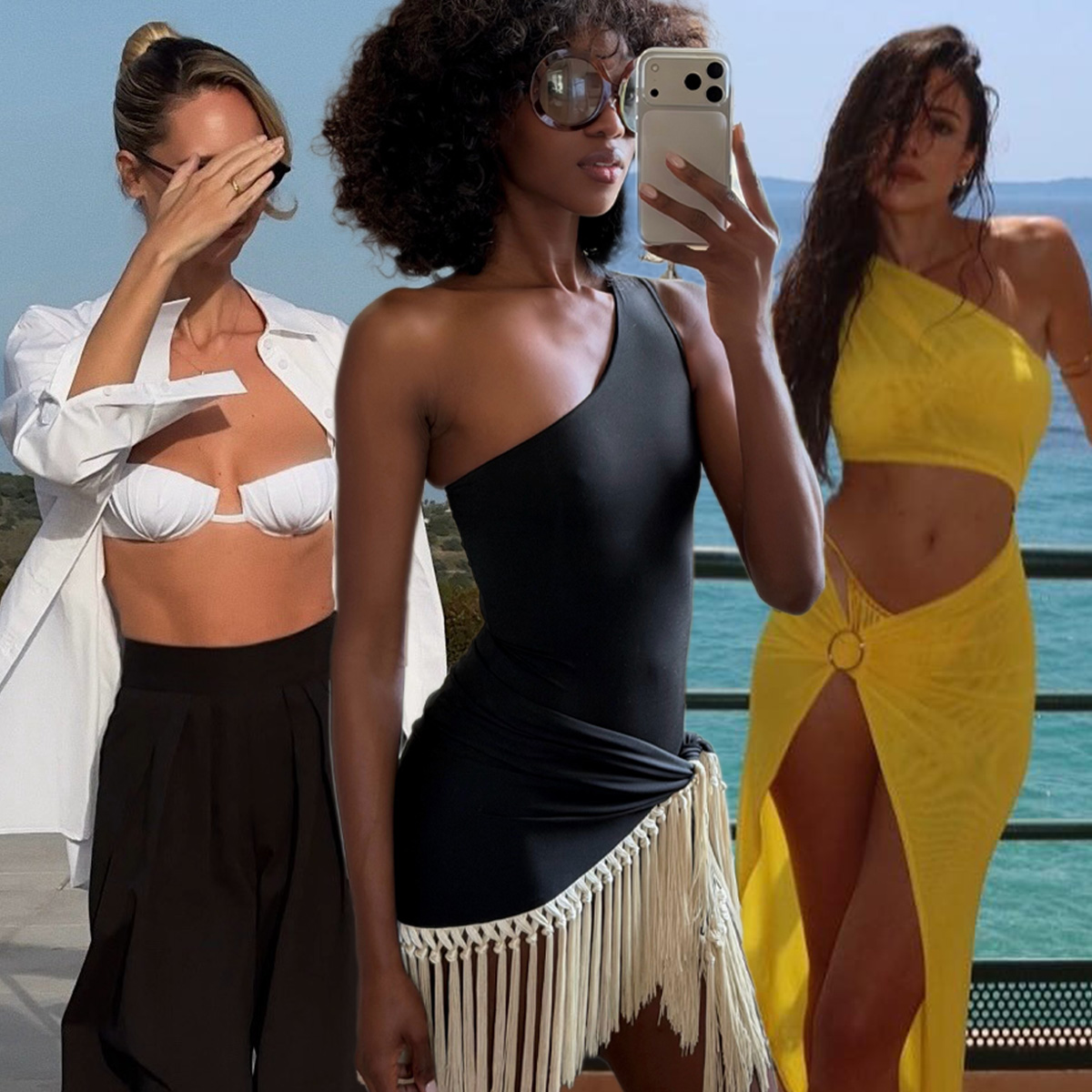 classic swim trends 2026 shown in a collage of French women wearing beachwear