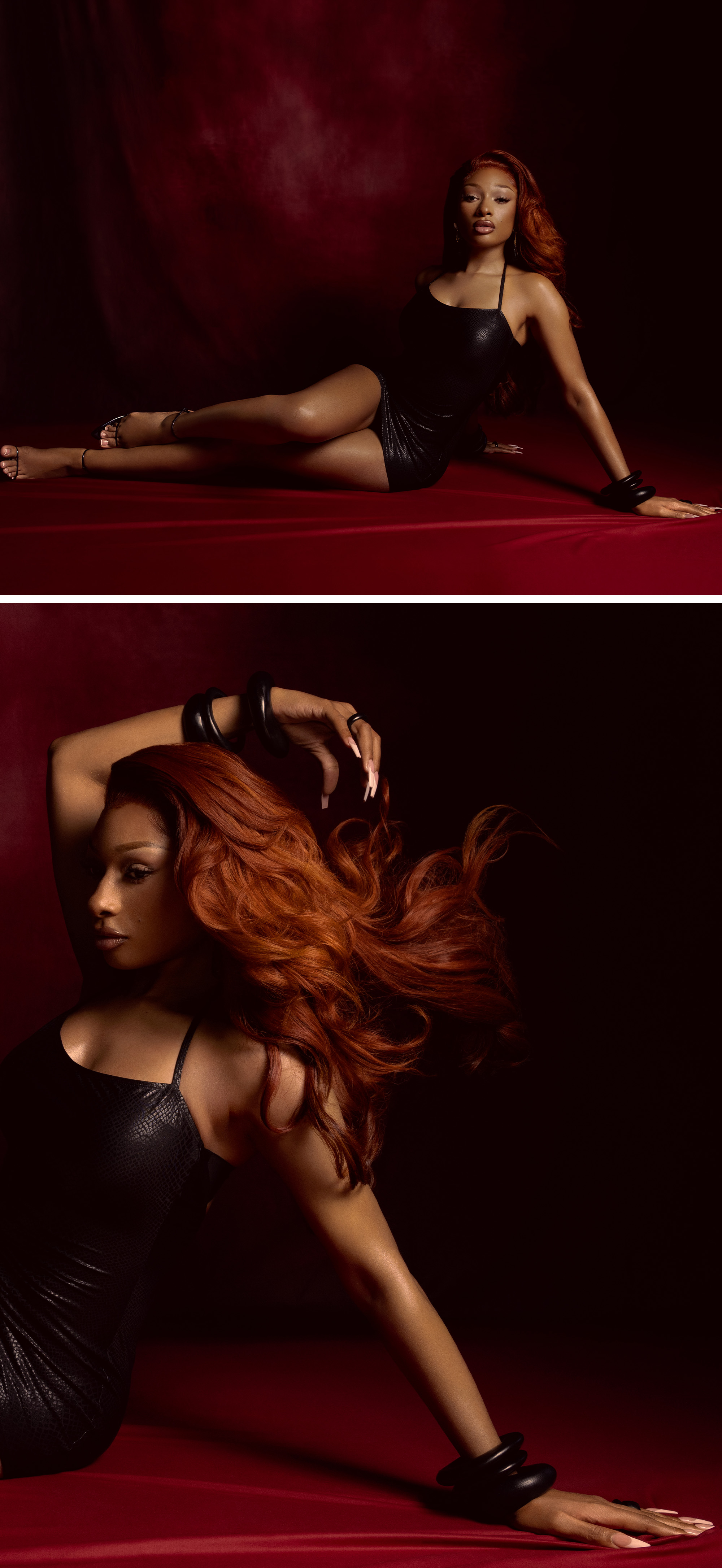 Megan the Stallion wearing a black minidress and sitting on a red velvet sheet.
