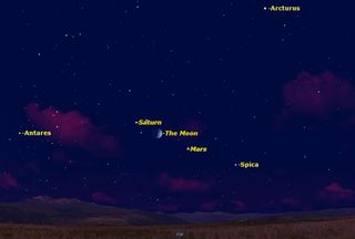 This night sky map for Aug. 3, 2014 shows the position of the moon between the planets Mars and Saturn in the southwestern night sky. The moon will occult Saturn on Monday, Aug. 4, as seen from Australia.
