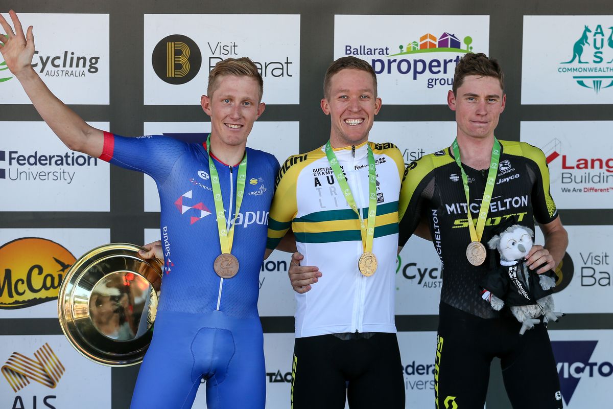 The 2020 Australian Road Championships elite men&rsquo;s road race podium: third-placed Marcus Culey (Team Sapura Cycling), winner Cameron Meyer and Mitchelton-Scott teammate, and runner-up, Lucas Hamilton