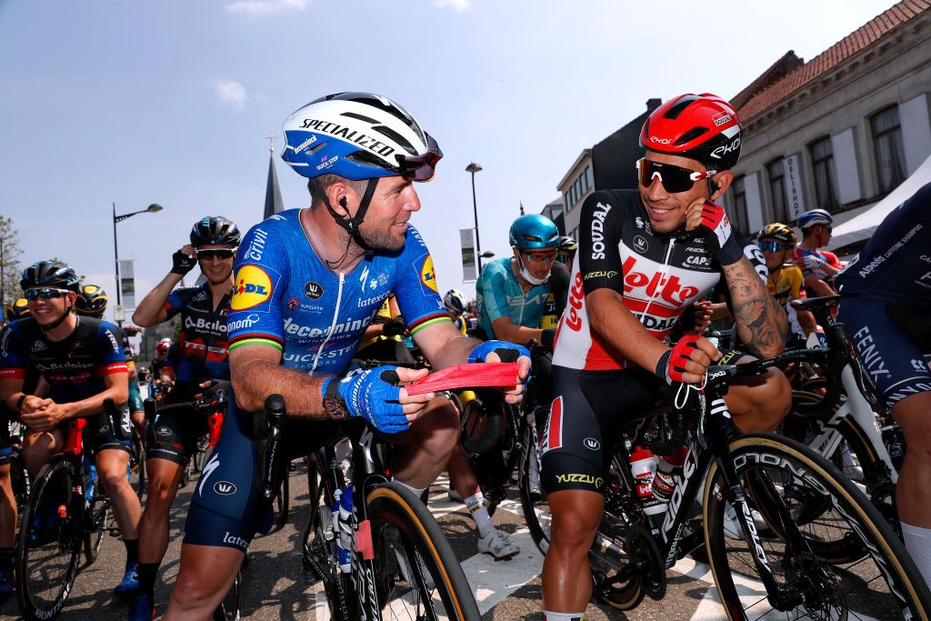 MAARKEDAL BELGIUM JUNE 09 Mark Cavendish of The United Kingdom and Team Deceuninck QuickStep Caleb Ewan of Australia and Team Lotto Soudal at start during the 90th Baloise Belgium Tour 2021 Stage 1 a 1753km stage from Beveren to Maarkedal baloisebelgiumtour on June 09 2021 in Maarkedal Belgium Photo by Bas CzerwinskiGetty Images