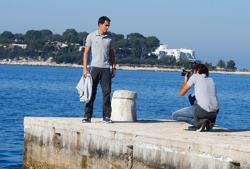Alberto Contador gets his photo taken at the Tinkoff-Saxo camp in Poreč, Croatia.