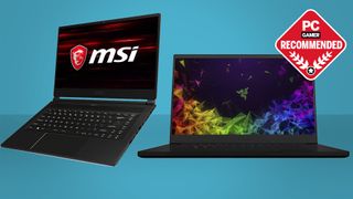Best gaming laptop: Razer and MSI gaming laptops on a blue background