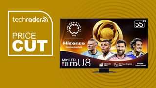 Hisense U8QG on yellow background with price cut logo