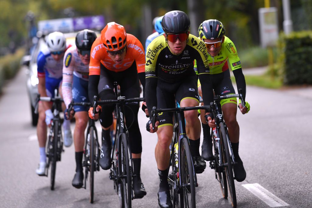 SCHOTEN BELGIUM OCTOBER 14 Michael Schar of Switzerland and CCC Team Christopher Juul Jensen of Denmark and Team Mitchelton Scott Tom Wirtgen of Luxembourg and Team Bingoal WB during the 108th Scheldeprijs 2020 a 1733km stage from Schoten to Schoten Scheldeprijs FlandersClassic SP20 on October 14 2020 in Schoten Belgium Photo by Luc ClaessenGetty Images