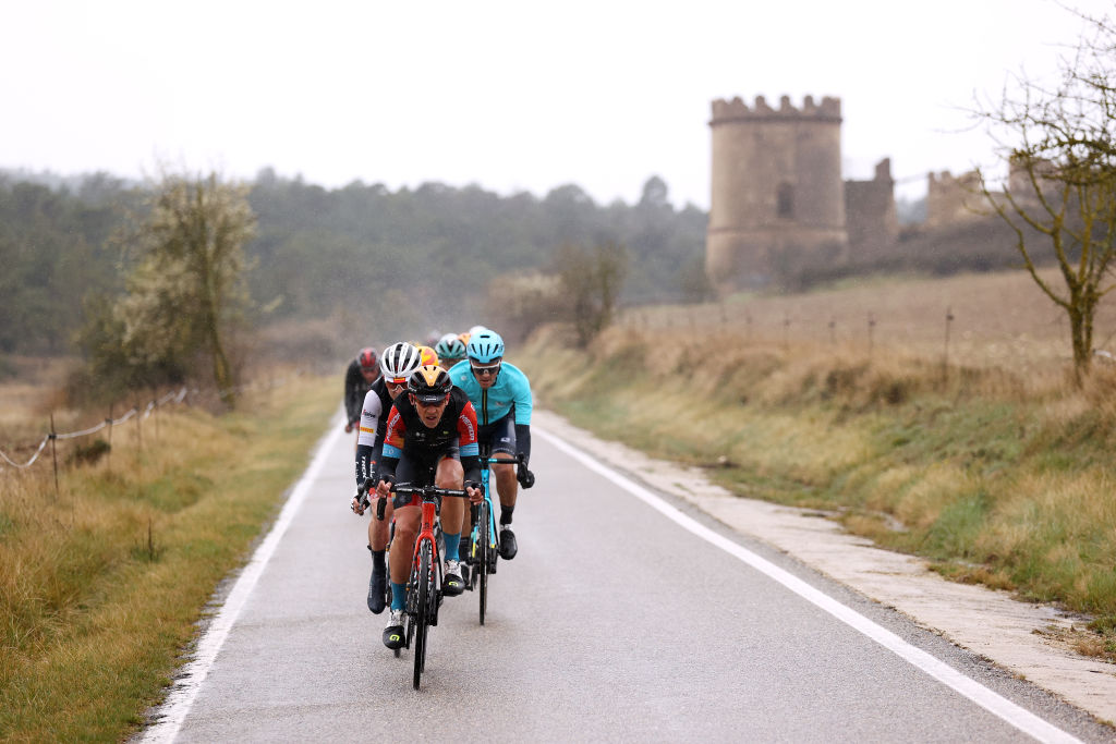 CAMBRILS SPAIN MARCH 26 Dylan Teuns of Belgium and Team Bahrain Victorious leads the peloton in heavy rain during the 101st Volta Ciclista a Catalunya 2022 Stage 6 a 1685km stage from Costa Daurada SalouCambrils to Costa Daurada SalouCambrils VoltaCatalunya101 WorldTour on March 26 2022 in Cambrils Spain Photo by Gonzalo Arroyo MorenoGetty Images