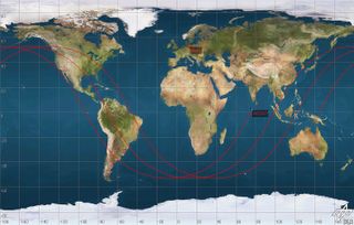 A sample representation based on three consecutive orbits of ROSAT around the Earth. Each of these orbits has a duration of about 90 minutes. The path of one orbit to another gradually changes above Earth's surface. This image shows ROSAT on 12 April 2011.