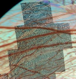 False-color image of Europa’s trailing northern hemisphere, where subduction zones indicative of a system of plate tectonics are thought to exist.