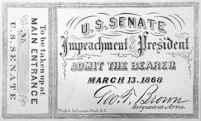 A facsimile of the ticket of admission to the impeachment of President Andrew Johnson.