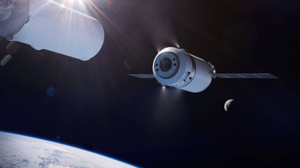 Artist&#039;s illustration of the SpaceX Dragon XL as it is deployed from the Falcon Heavy&#039;s second stage in high Earth orbit on its way to the Gateway in lunar orbit.