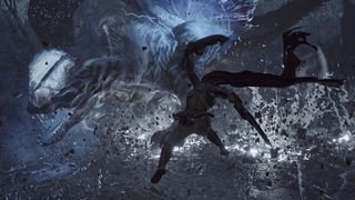 Promotional screenshot of a hunter fighting a Guardian Fulgur Anjanath in Monster Hunter Wilds