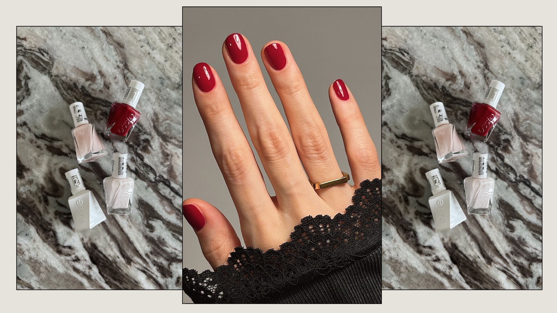 A picture of Essie nail polishes on a marble background and a close-up of a manicure using Essie Bubbles Only nail polish