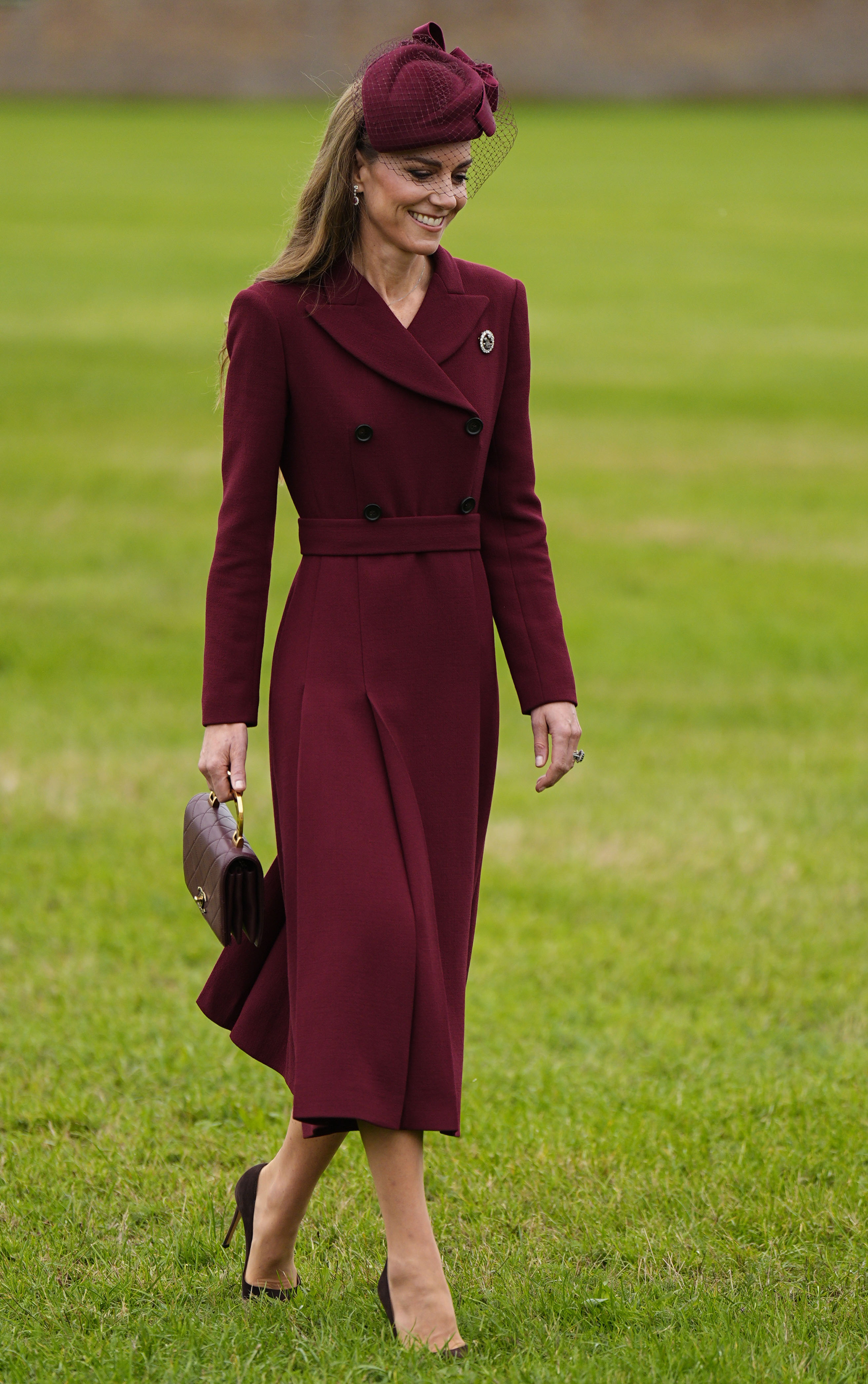 Kate Middleton wears a wine coat dress and a diamond brooch to greet Donald and Melania Trump at Windsor Castle on September 17, 2025