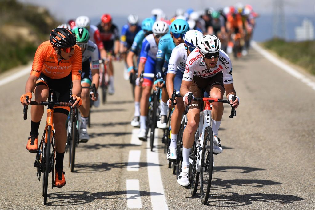 MANRESA SPAIN MARCH 26 Mikel Iturria Segurola of Spain and Team Euskaltel Euskadi Franois Bidard of France and Ag2R Citroen Team during the 100th Volta Ciclista a Catalunya 2021 Stage 5 a 2015km stage from La Pobla De Segur to Manresa 220m Breakaway VoltaCatalunya100 on March 26 2021 in Manresa Spain Photo by David RamosGetty Images