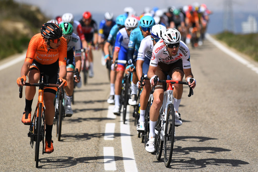 MANRESA SPAIN MARCH 26 Mikel Iturria Segurola of Spain and Team Euskaltel Euskadi Franois Bidard of France and Ag2R Citroen Team during the 100th Volta Ciclista a Catalunya 2021 Stage 5 a 2015km stage from La Pobla De Segur to Manresa 220m Breakaway VoltaCatalunya100 on March 26 2021 in Manresa Spain Photo by David RamosGetty Images