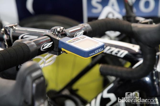 Custom blue and yellow SRM PowerControl 7 computer heads for the Saxo-Tinkoff team.