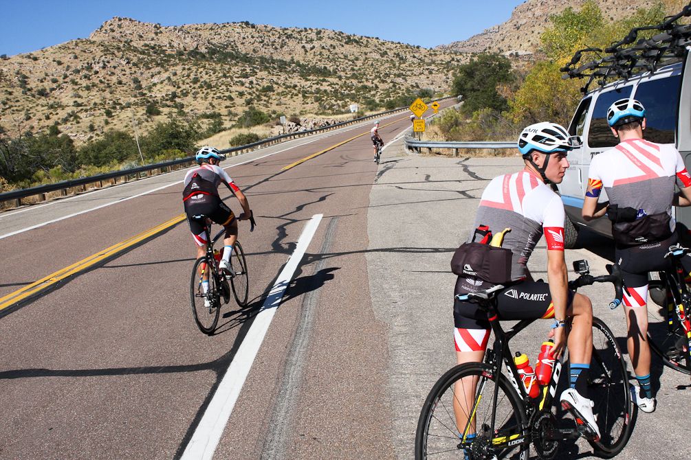 Polartec-Kometa riders restart up Mt. Lemmon after stopping for food and drink.