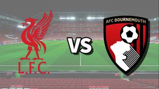 The Liverpool and AFC Bournemouth club badges on top of a photo of Anfield stadium in Liverpool, England ahead of the Liverpool vs Bournemouth live stream