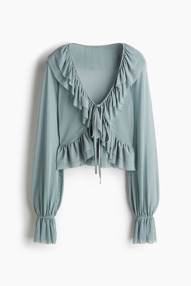 Ruffle-Trimmed Mesh Blouse