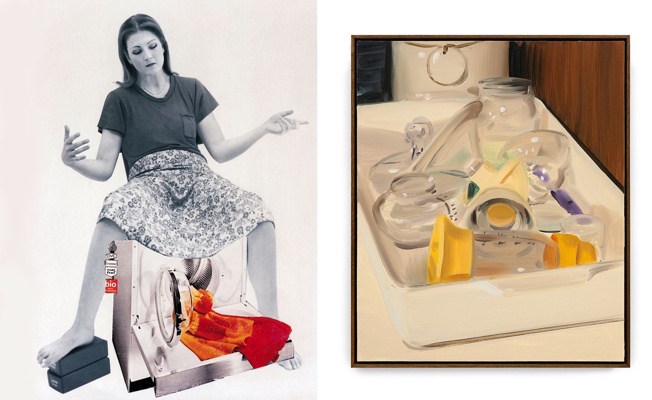 Artwork of woman birthing washing machine, and dishes in sink, from ‘Acts of Creation: On Art and Motherhood’, a touring Hayward Gallery exhibition