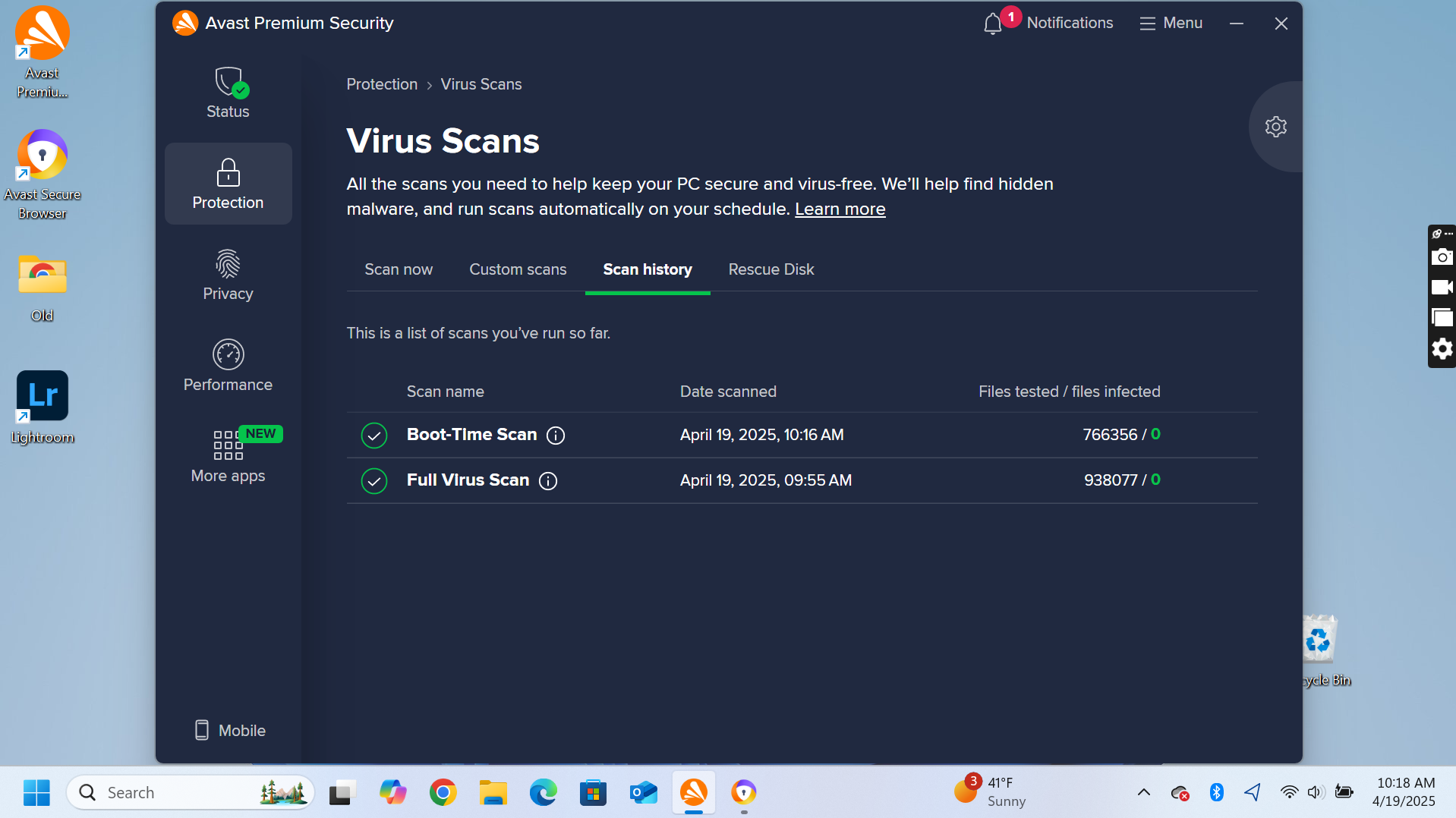 A screenshot of the Avast Premium virus scans results page.