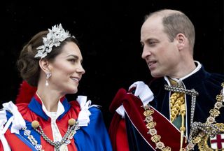 Kate Middleton and Prince William on the Buckingham Palace balcony during King Charles III's Coronation on May 6, 2023.