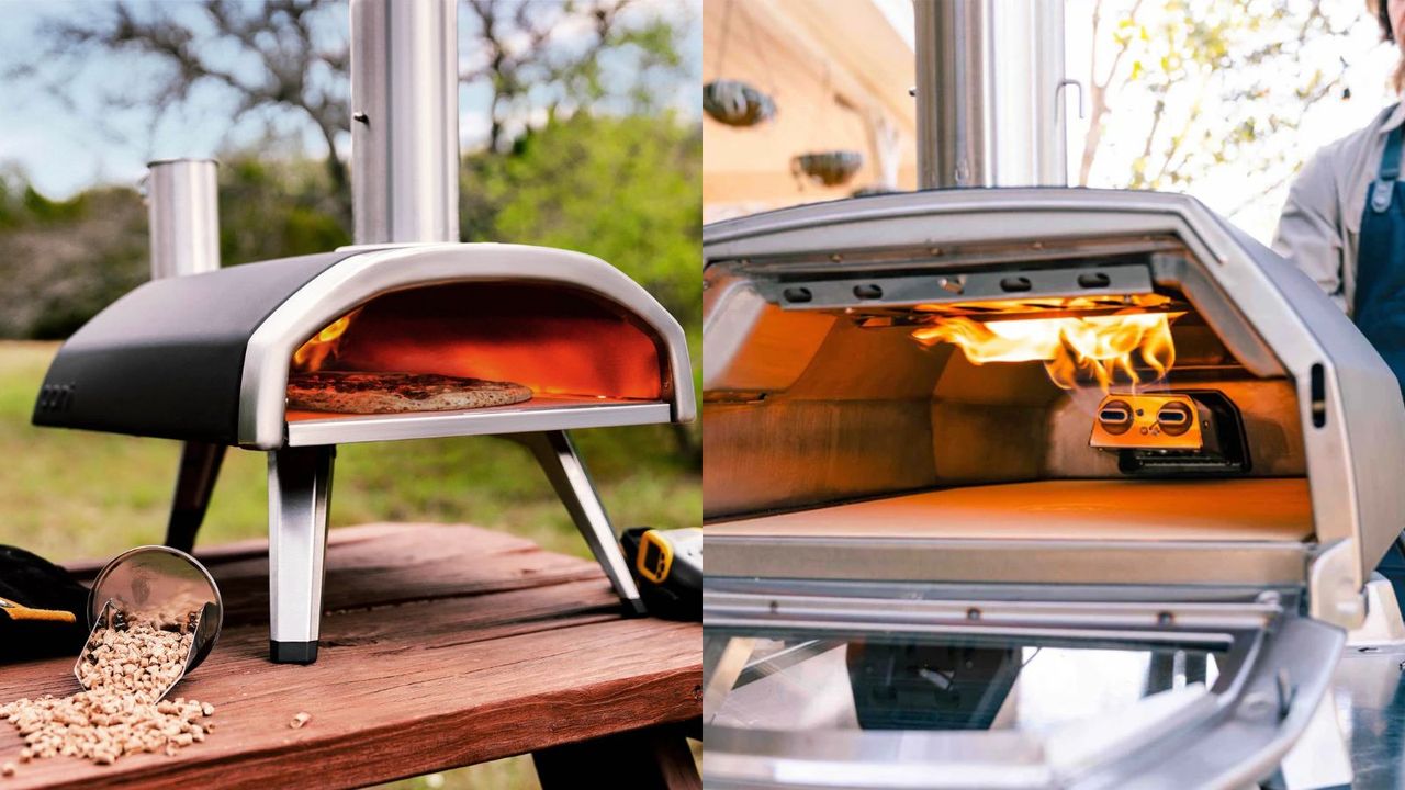 An image showing the best fuel for pizza ovens; a split view of pellets next to an Ooni Fyra 12 and the gas jets of the Ooni Karu 16