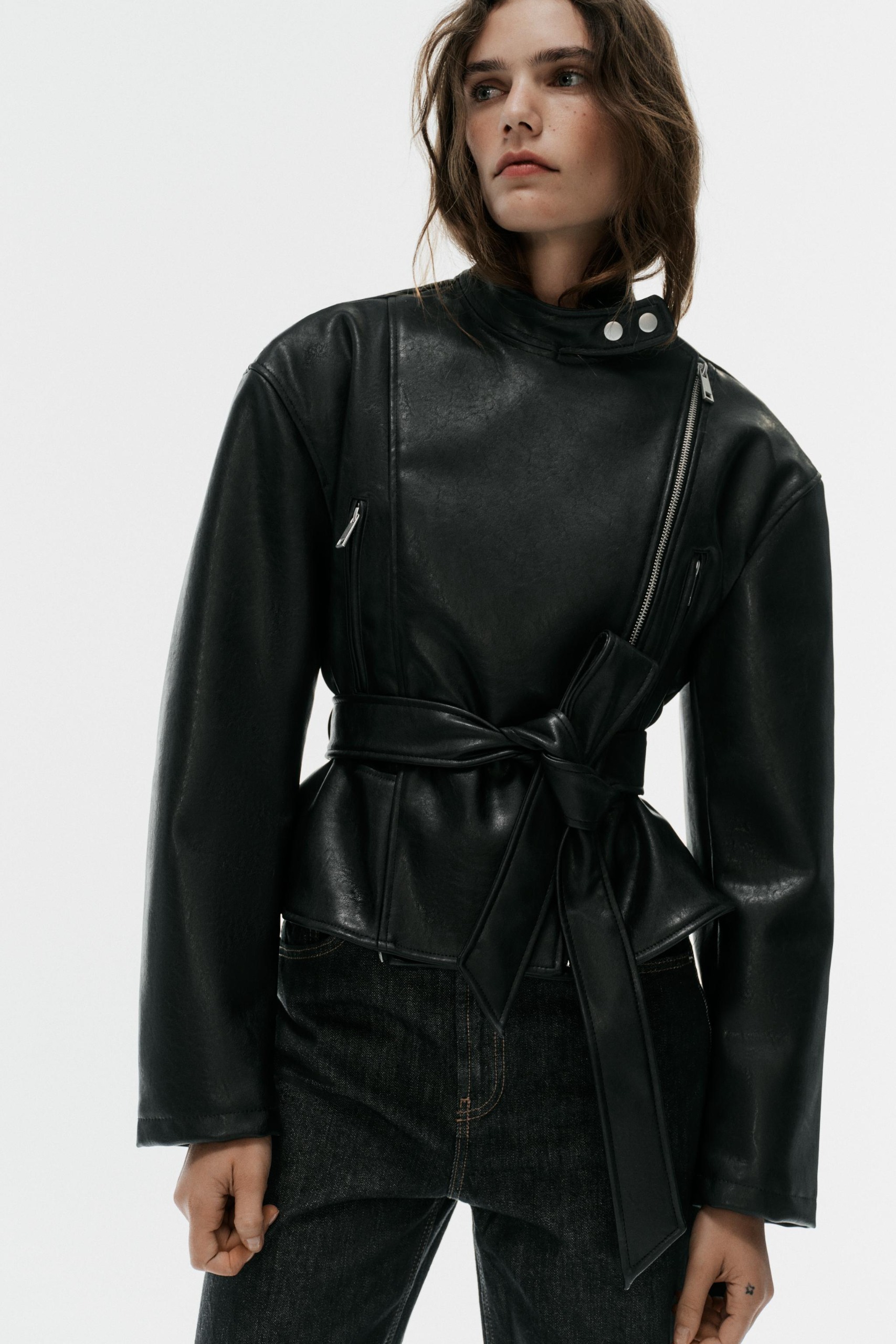 Faux Leather Belted Biker Jacket - Black - Xs