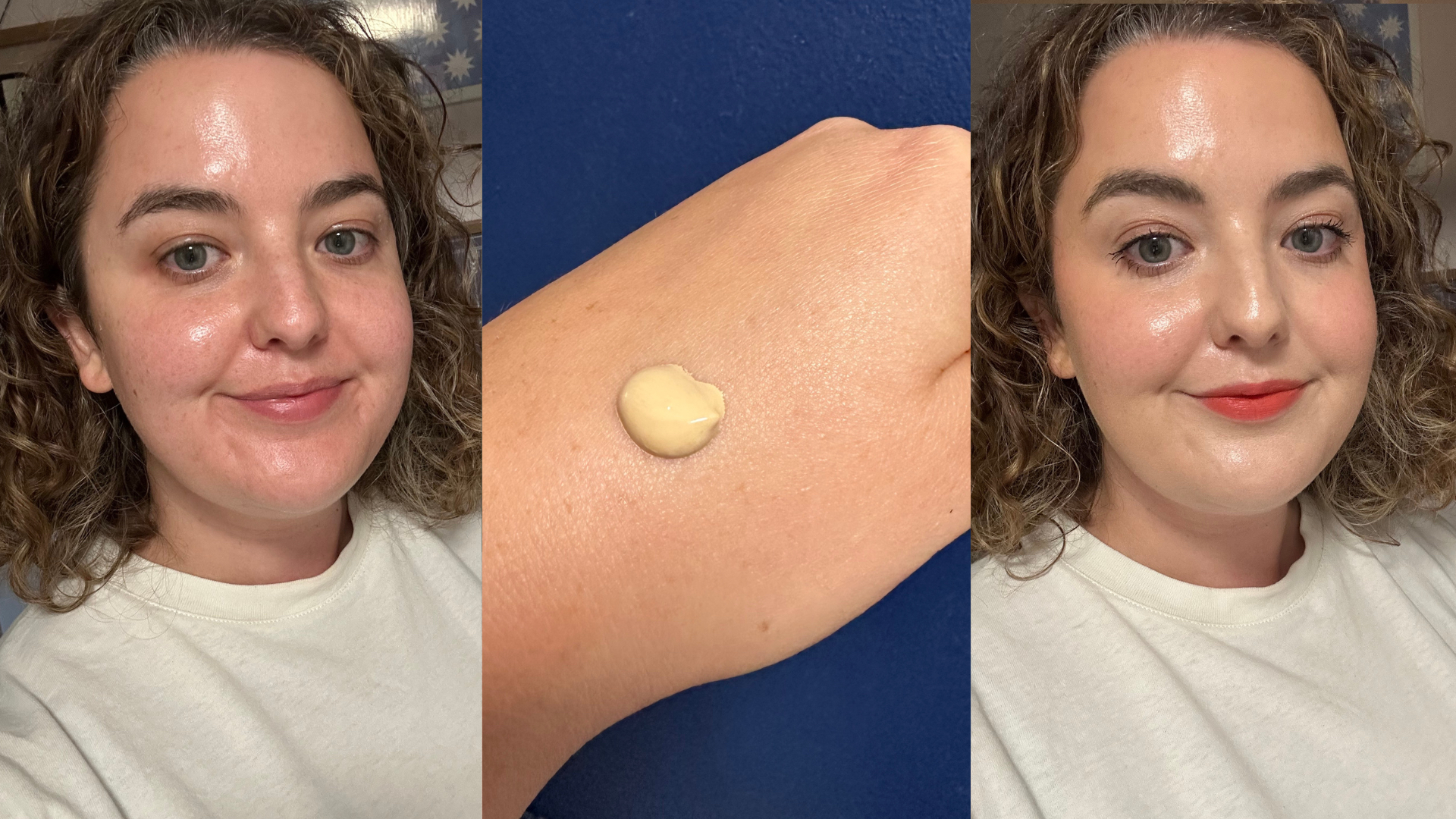 Trio of images showing Rhiannon before applying the Glossier Stretch Fluid Foundation (left) a swatch on the back of her hand while holding the product (centre) and wearing the foundation (right)