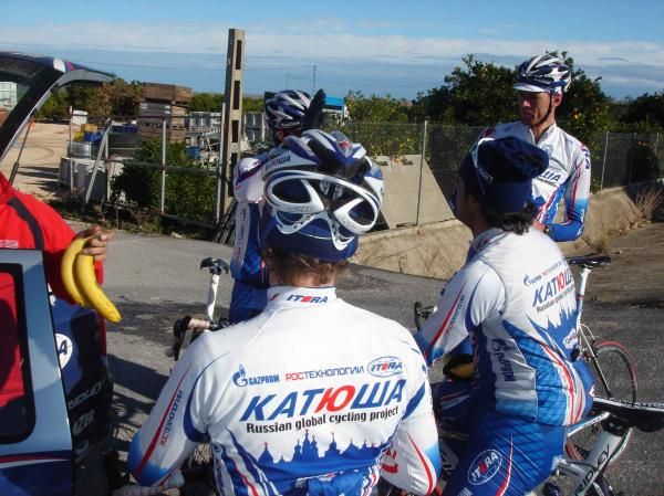 Katusha riders take a break on one of their training rides this week.