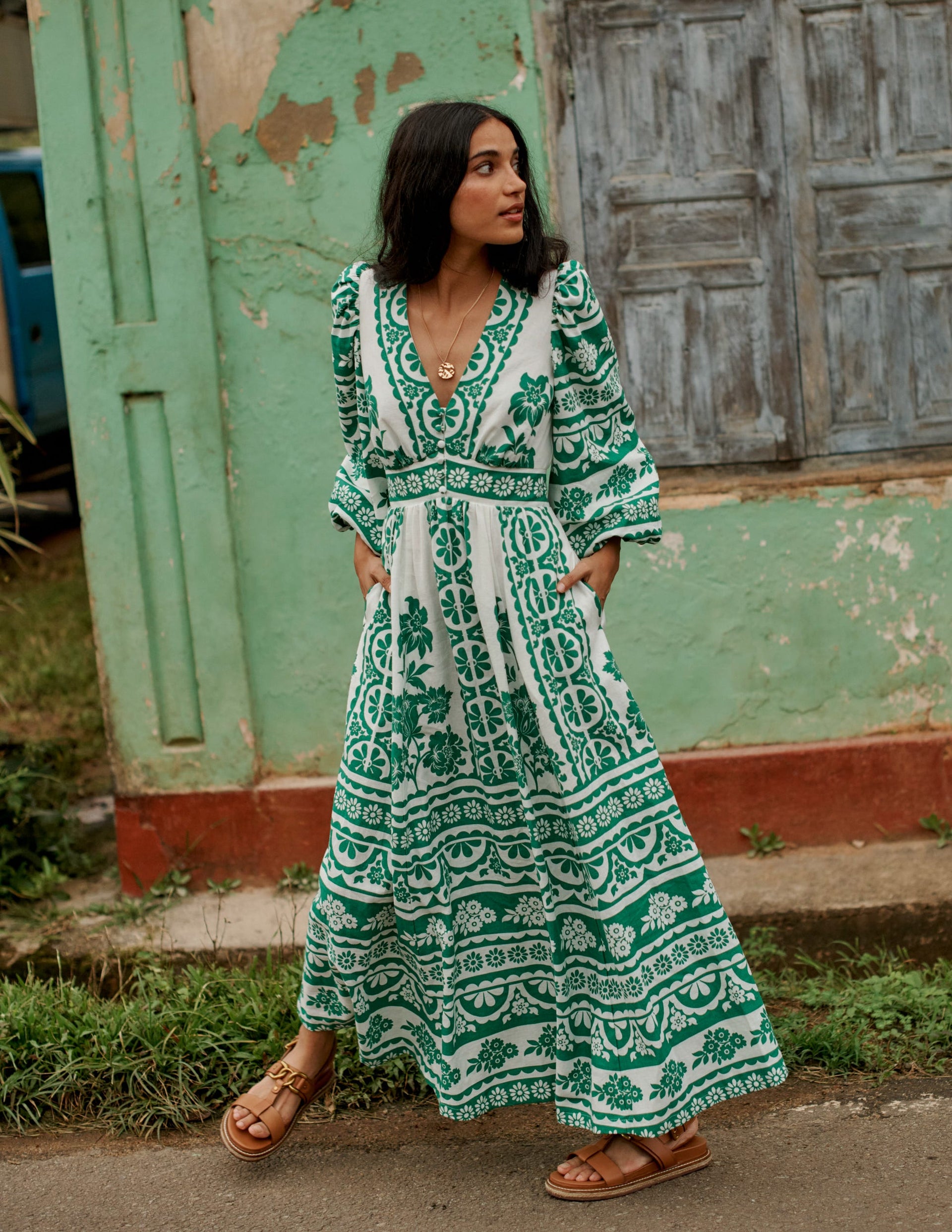 Lola Blouson Maxi Dress-Rich Emerald, Ornate Tropics