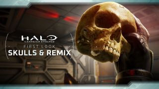 Halo: Campaign Evolved promotional image showing a gloved hand holding a skull inside a sci-fi facility, highlighting the game's skull modifiers and Campaign Remix mode.