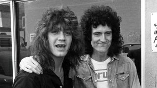 Eddie Van Halen and Brian May backstage at a festival