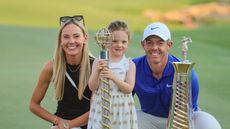 Erica Stoll, Poppy McIlroy and Rory McIlroy after Rory won his sixth Race To Dubai title in 2024