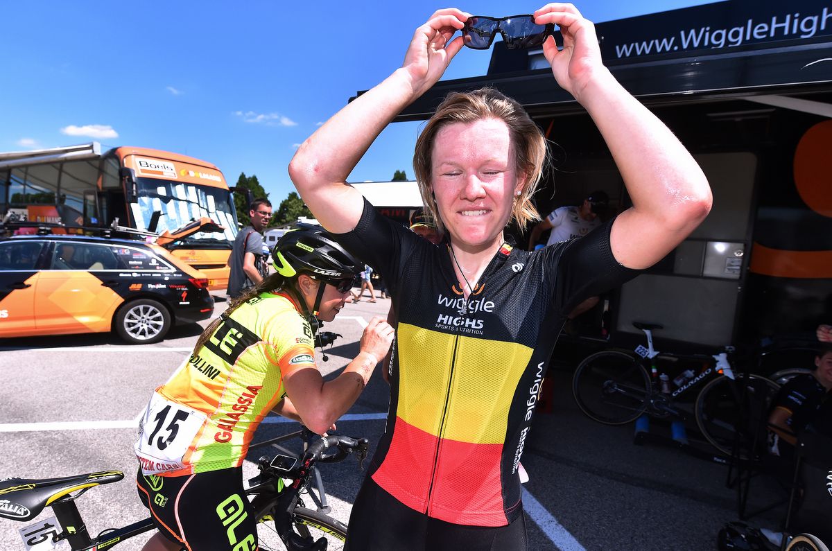 Jolien d'Hoore (Wiggle-High5) at the team bus after it was confirmed she won the stage