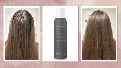 (L-R) Long straight brunette hair before using the dry shampoo, image of Living Proof Perfect Hair Day Dry Shampoo on white background, and Long straight brunette hair after using the dry shampoo, on a pink watercolour background 