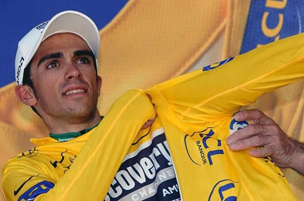 Contador dresses in yellow after taking the leader's role from the sacked Rabobank rider Michael Rasmussen