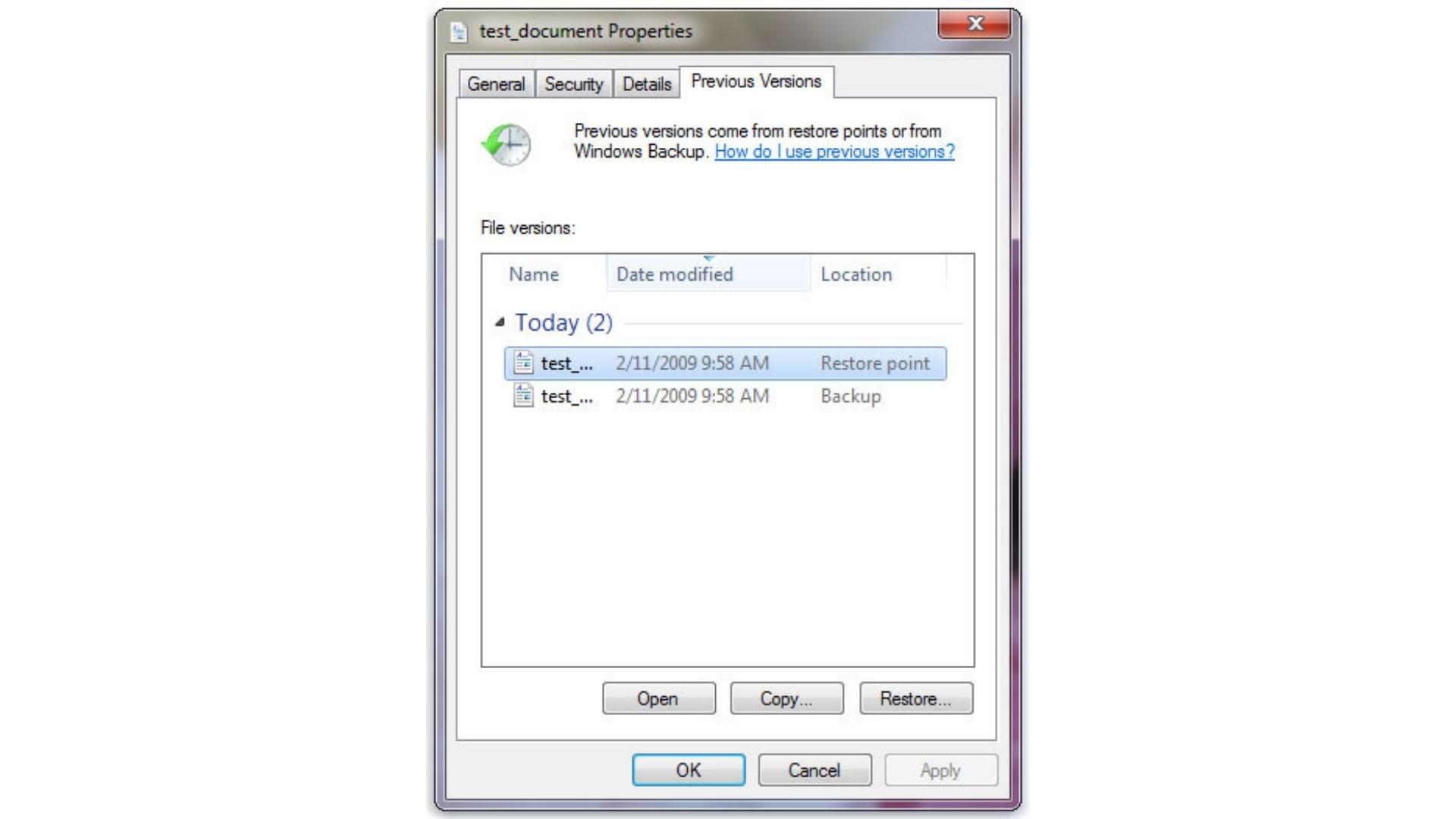 Screenshot of the Previous Versions window for files on Windows file explorer