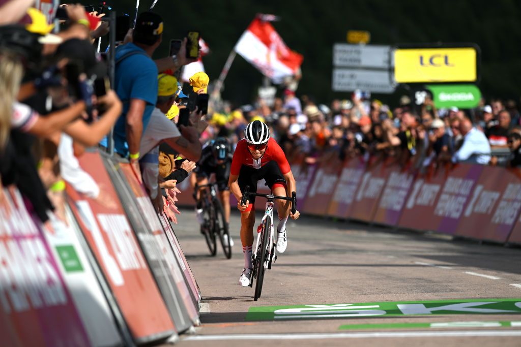 LE MARKSTEIN FRANCE JULY 30 Cecilie Uttrup Ludwig of Denmark and Team Fdj Nouvelle Aquitaine Futuroscope crosses the finish line during the 1st Tour de France Femmes 2022 Stage 7 a 1271km stage from Slestat to Le Marksteinc TDFF UCIWWT on July 30 2022 in Le Markstein France Photo by Dario BelingheriGetty Images