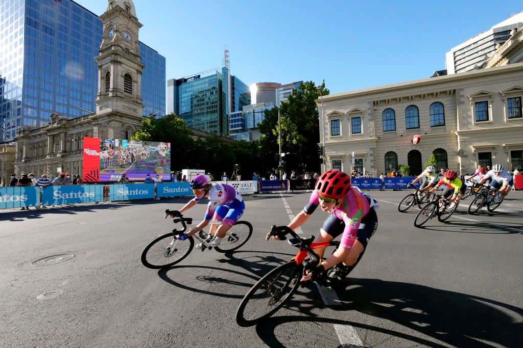 Riders take a corner in the criterium