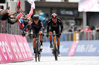CORTINA DAMPEZZO ITALY MAY 24 Romain Bardet of France and Team DSM Damiano Caruso of Italy and Team Bahrain Victorious at arrival during the 104th Giro dItalia 2021 Stage 16 a 153km stage shortened due to bad weather conditions from Sacile to Cortina dAmpezzo 1210m girodiitalia Giro on May 24 2021 in Cortina dAmpezzo Italy Photo by Stuart FranklinGetty Images
