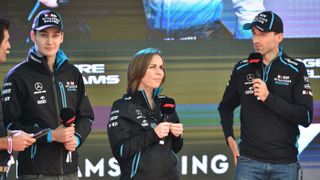 Williams F1 team principal Claire Williams with drivers George Russell and Robert Kubica