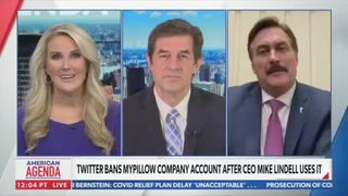 From left: Newsmax anchor Heather Childers, Newsmax anchor Bob Sellers, and MyPillow CEO Mike Lindell