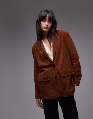 Mango Relaxed Fit Suede Blazer in Vintage Brown