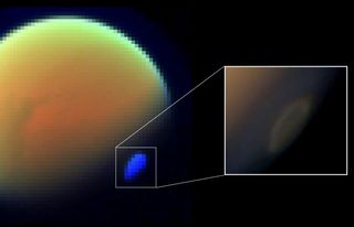 The giant swirling cloud on Saturn's largest moon Titan is seen here in two images from NASA's Cassini spacecraft. At left is a spectral map of the cloud taken on Nov. 29, 2012. The inset at right is a natural color view of the cloud. Scientists have disc