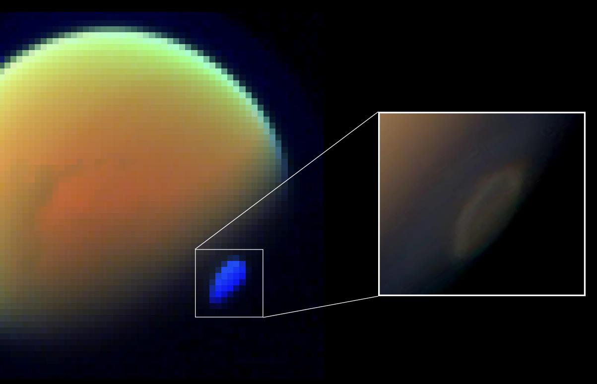 The giant swirling cloud on Saturn&#039;s largest moon Titan is seen here in two images from NASA&#039;s Cassini spacecraft. At left is a spectral map of the cloud taken on Nov. 29, 2012. The inset at right is a natural color view of the cloud. Scientists have disc