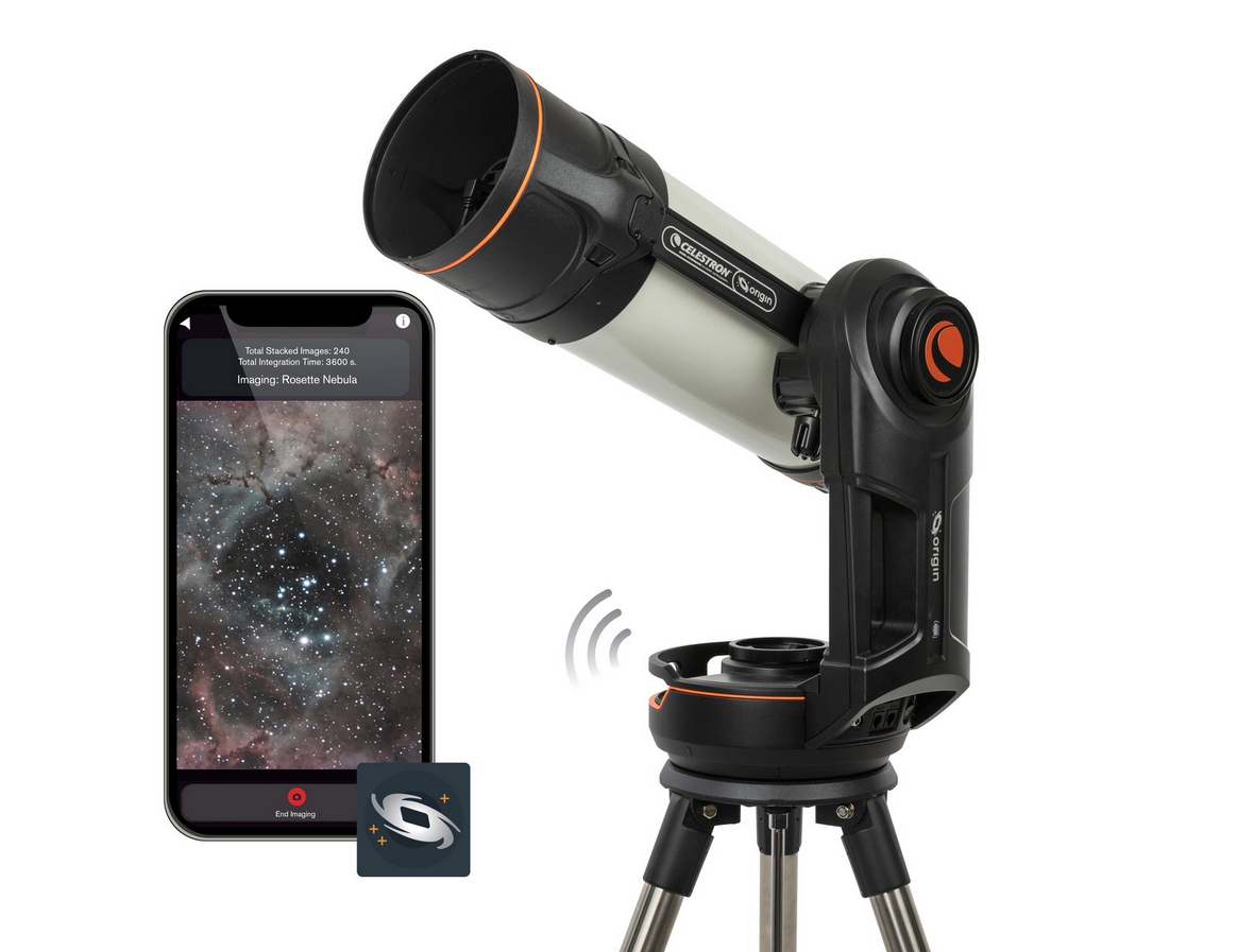A Celestron Origin Intelligent Home Observatory, next to a phone showing the app in use. 