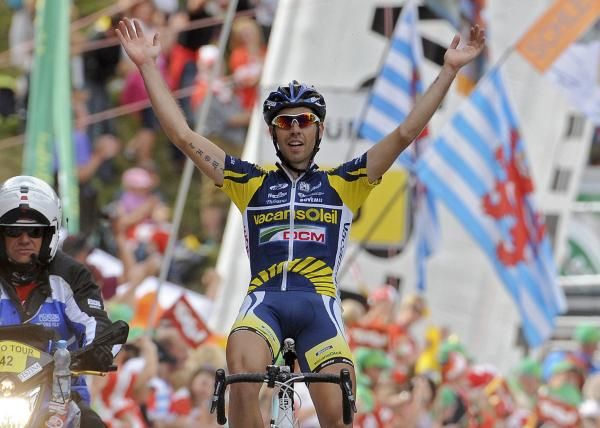 A joyful Thomas De Gendt (Vacansoleil-DCM Pro Cycling Team) takes a solo win