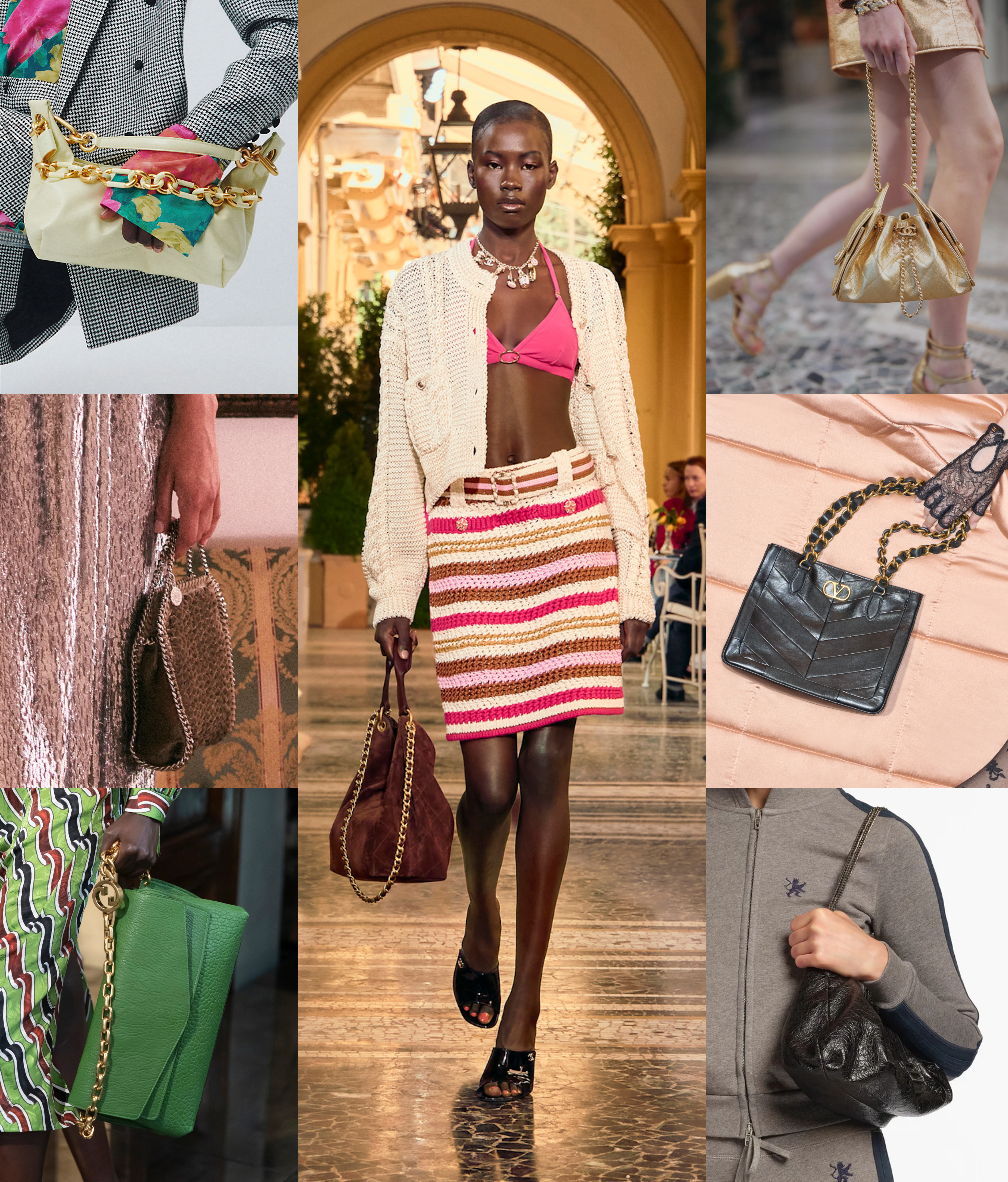 winter 2026 bag trend chains at Balmain, Stella McCartney, Gucci, Chanel, Valentino, and Balenciaga Resort 2026